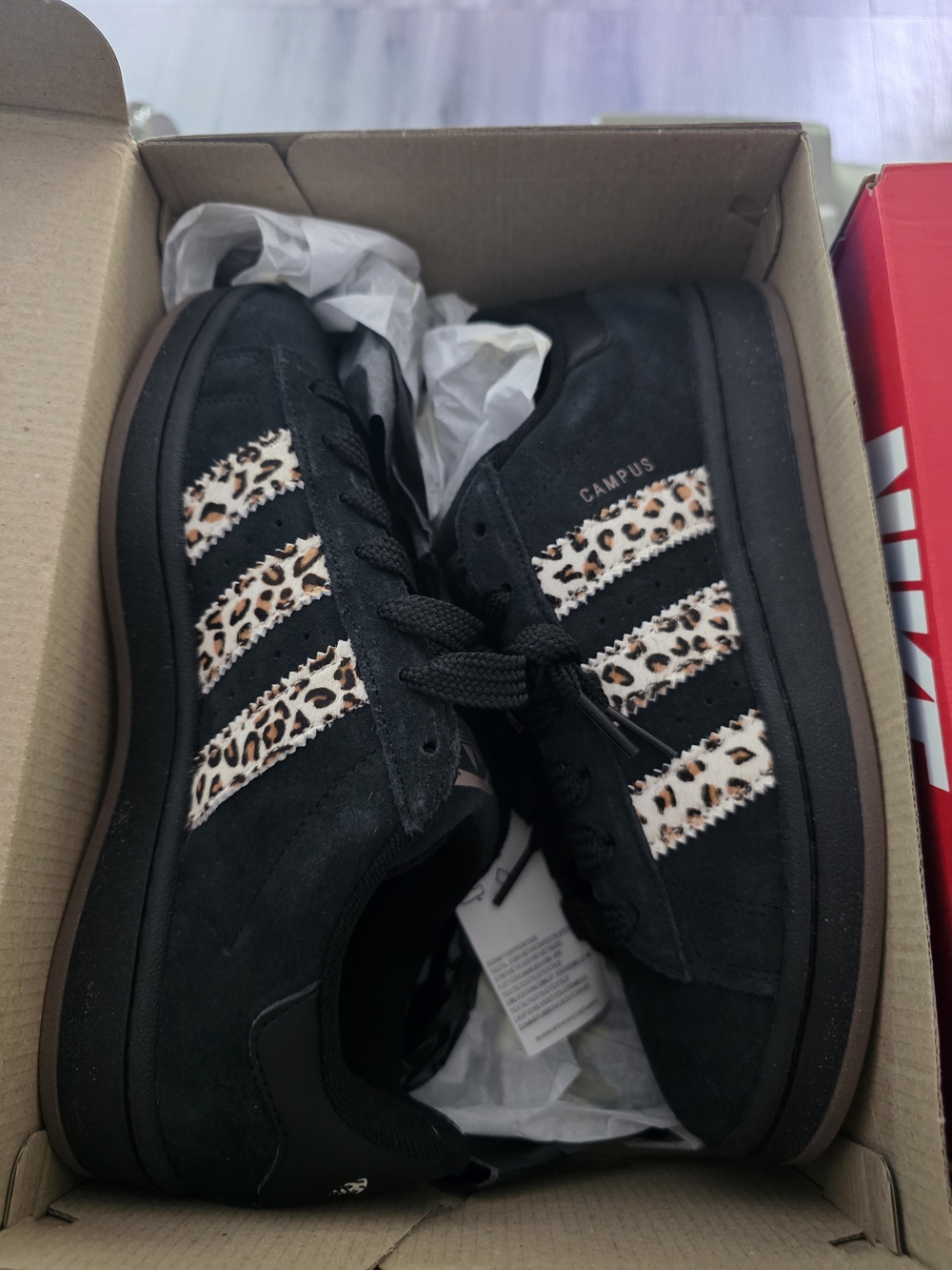 Adidas Campus Black Suede Sneakers with Leopard Stripes